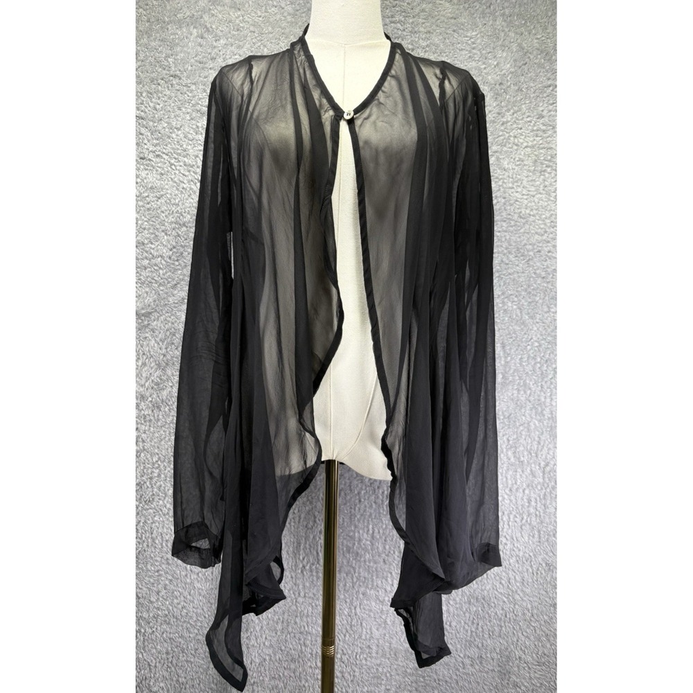 ILLIA Women Black Silk Chiffon Sheer Ruffle Front Top One Button Luxury Blouse L
